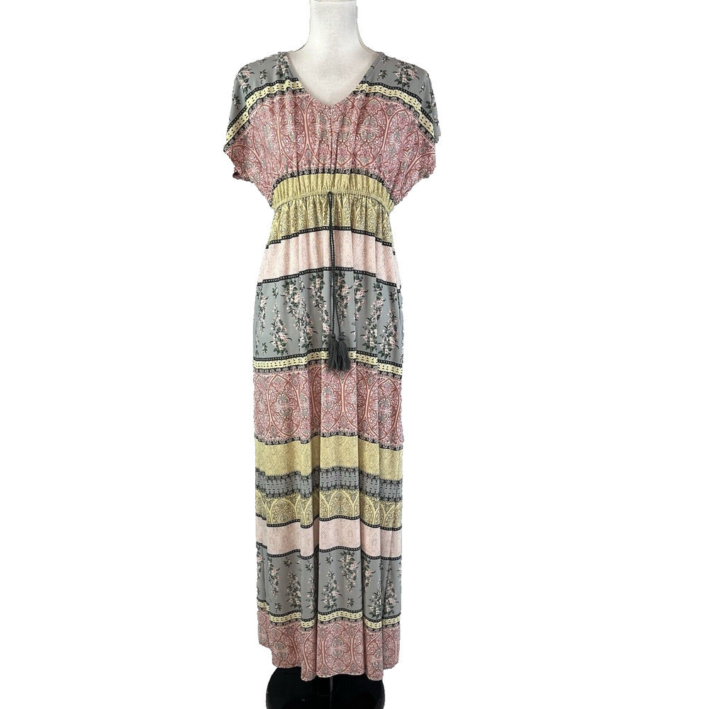 Style & Co Dress size Small Gray Pink Floral Peasant Boho Tassels Beach Maxi
